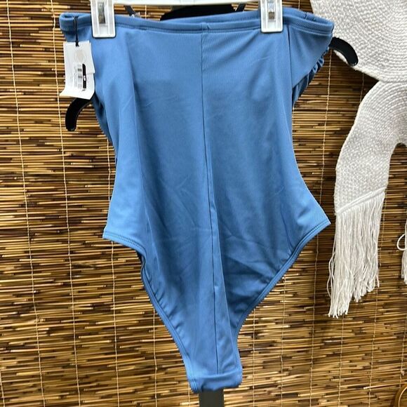 Women's Shirred Ribbed Bandeau Cheeky One Piece Swimsuit - Shade & Shore™ Blue L - Picture 3 of 3